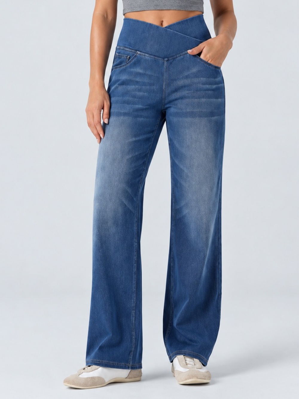 Halara Flex Crossover High Waisted Straight Leg Jeans Blue L NWT